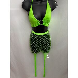 Neon Green Ring Detail Crop Top and Mesh Tights Sexy Dancewear Adult Y2K Cyber S